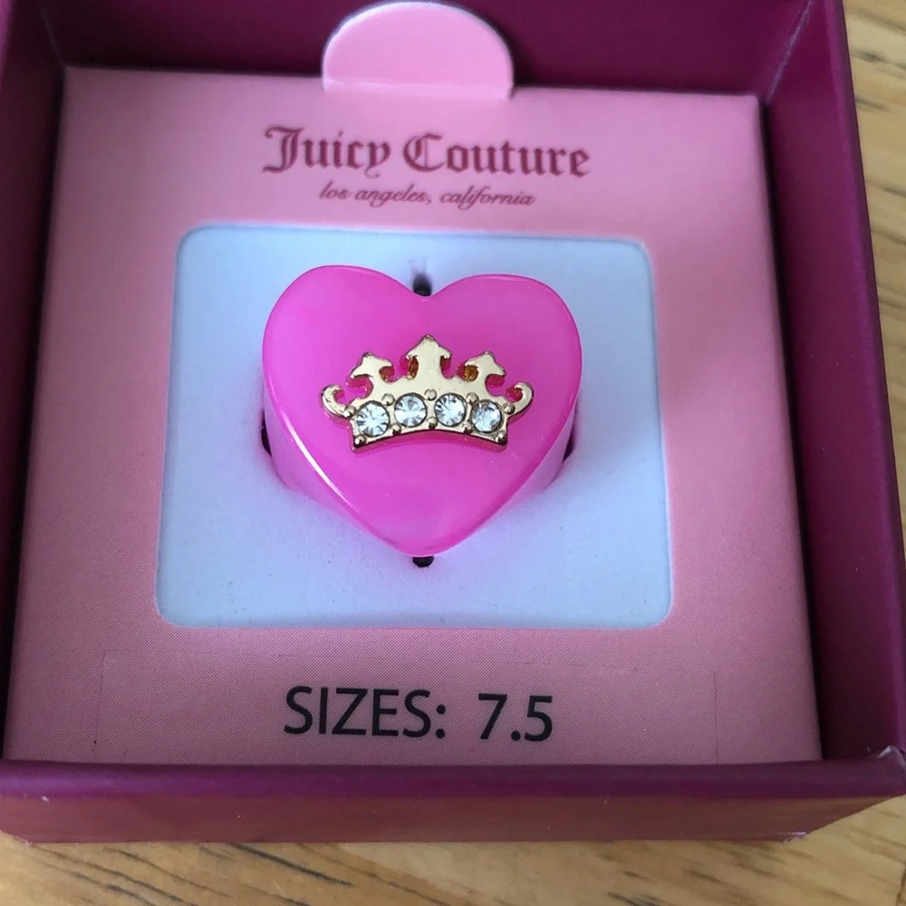 Juicy Couture Pink Resin Heart With Crown Cocktail Ring Crystal Size 7.5 NIB